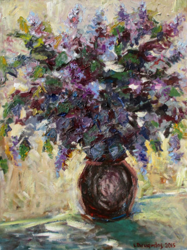 Painting titled "Lilacs in the Vase" by Liudvikas Daugirdas, Original Artwork, Oil