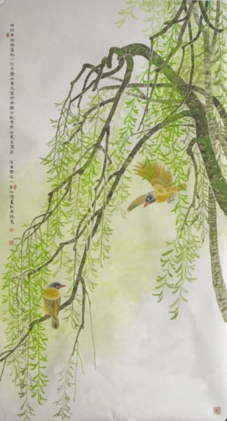 绘画 标题为“两个黄鹂鸣翠柳  172x93cm…” 由怡涛yitao 刘liu  画廊gallery, 原创艺术品