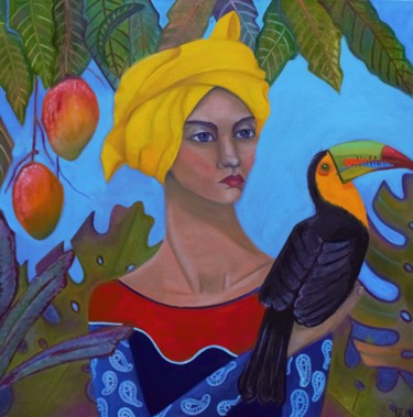 Картина под названием "Девушка с туканом(…" - Mariya Vorobyeva, Подлинное произведение искусства, Масло