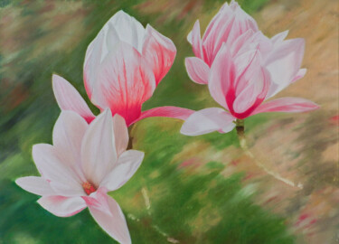 Painting titled "Magnolia: A moment…" by Livia Doina Stanciu, Original Artwork, Oil Mounted on Wood Stretcher frame