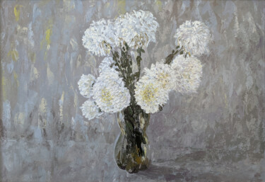 Painting titled "Chrysantemums (on a…" by Livia Doina Stanciu, Original Artwork, Oil Mounted on Cardboard
