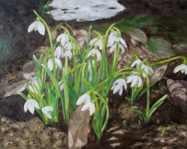 Painting titled "Snowdrops" by Livia Doina Stanciu, Original Artwork, Oil Mounted on Wood Stretcher frame