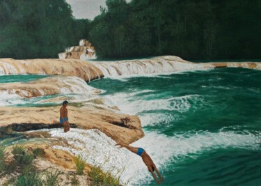 Painting titled "The Divers" by Livia Doina Stanciu, Original Artwork, Oil Mounted on Wood Stretcher frame