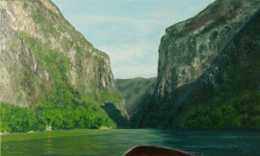 Painting titled "Into the gorge" by Livia Doina Stanciu, Original Artwork, Oil Mounted on Wood Stretcher frame