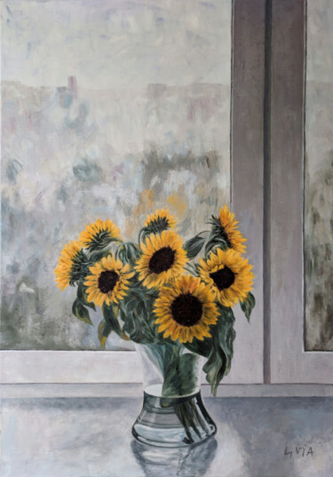Painting titled "Sunflowers on a Rai…" by Livia Doina Stanciu, Original Artwork, Oil Mounted on Wood Stretcher frame