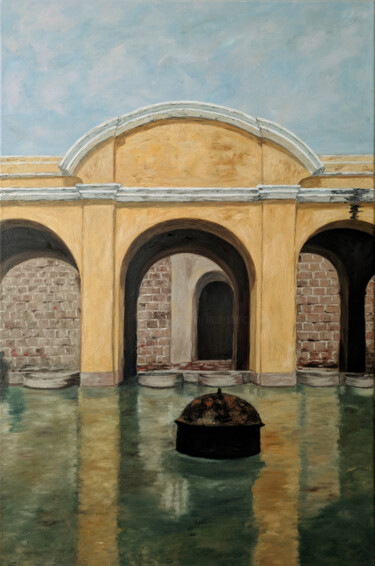 Painting titled "Peristyle in Antigua" by Livia Doina Stanciu, Original Artwork, Oil Mounted on Wood Stretcher frame