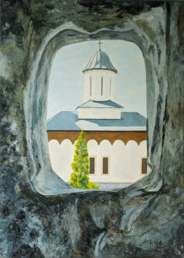 Painting titled "Window to Prayer" by Livia Doina Stanciu, Original Artwork, Oil Mounted on Wood Stretcher frame