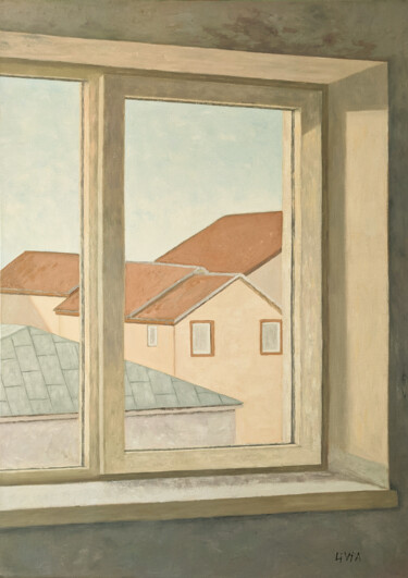 Malarstwo zatytułowany „Rooftops through th…” autorstwa Livia Doina Stanciu, Oryginalna praca, Olej Zamontowany na Drewniana…