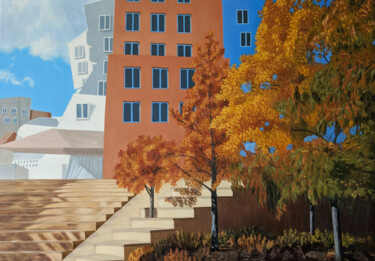 Painting titled "Stata Center" by Livia Doina Stanciu, Original Artwork, Oil Mounted on Wood Stretcher frame