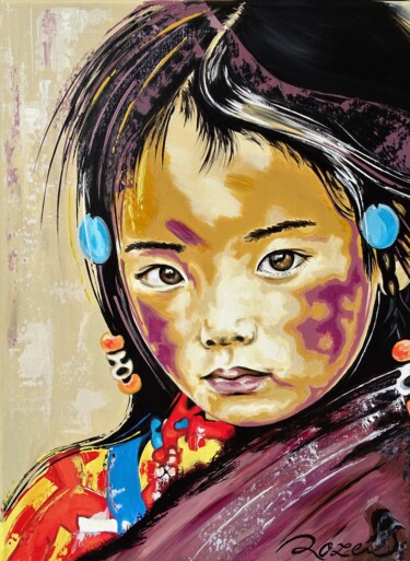 Peinture intitulée "Tibetan little girl" par Livien Rózen, Œuvre d'art originale, Acrylique