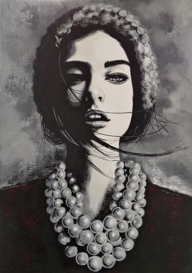 Peinture intitulée "Girl with necklace" par Livien Rózen, Œuvre d'art originale, Acrylique