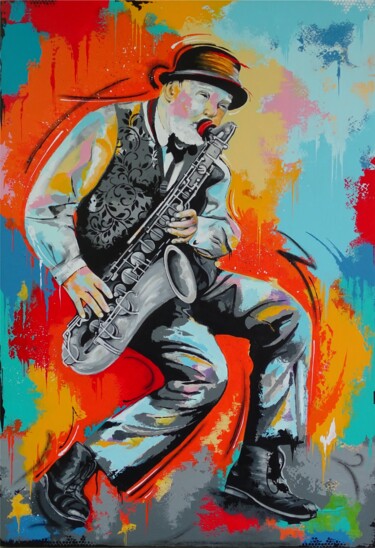 Pittura intitolato "Street musician" da Livien Rózen, Opera d'arte originale, Acrilico