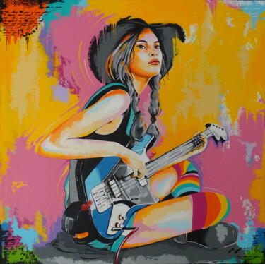 Malerei mit dem Titel "Female guitar player" von Livien Rózen, Original-Kunstwerk, Acryl