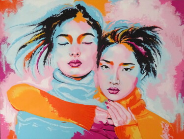Malerei mit dem Titel "Pink and turquoise 2" von Livien Rózen, Original-Kunstwerk, Acryl