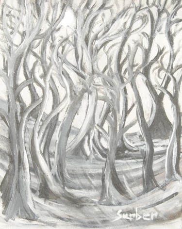 Painting titled "Trees and Moon" by Suzanne Surber, Original Artwork