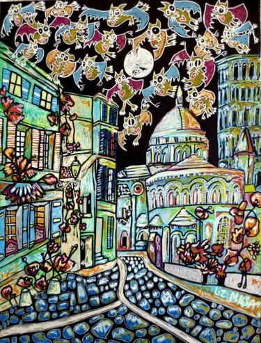 Картина под названием "Chauve-souris party" - Liz Mosa, Подлинное произведение искусства, Акрил Установлен на Деревянная рам…