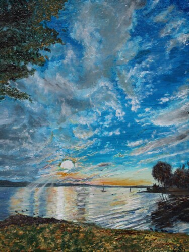 Painting titled "Bodensee lake" by Liza Illichmann, Original Artwork, Oil Mounted on Wood Panel