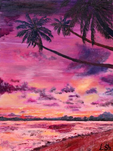 Painting titled "Purple sunset by th…" by Liza Illichmann, Original Artwork, Oil Mounted on Wood Panel