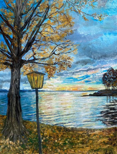 Malerei mit dem Titel "Autumn at Lake Bode…" von Liza Illichmann, Original-Kunstwerk, Öl Auf Holzplatte montiert