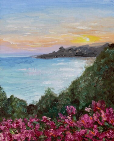 Painting titled "Peachy sunset" by Liza Illichmann, Original Artwork, Oil Mounted on Wood Panel