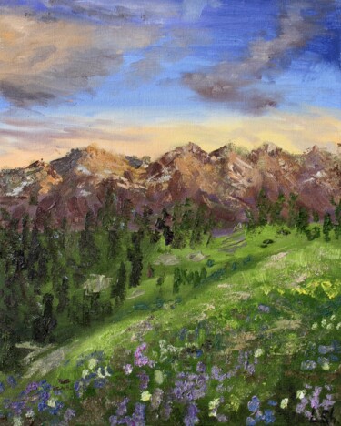 Painting titled "Sunset, mountains" by Liza Illichmann, Original Artwork, Oil Mounted on Wood Panel
