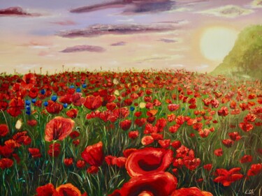 Painting titled "Poppy field" by Liza Illichmann, Original Artwork, Oil Mounted on Wood Stretcher frame