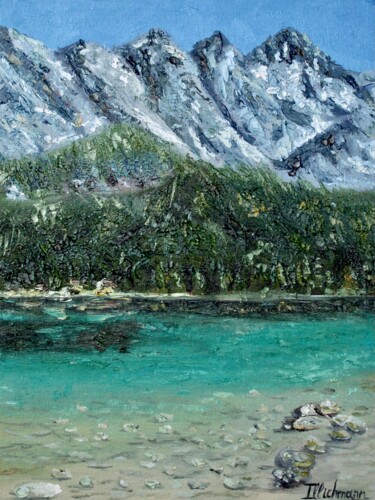 Painting titled "Beauty of Eibsee" by Liza Illichmann, Original Artwork, Oil Mounted on Wood Panel
