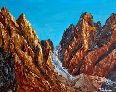 Painting titled "Mountain peaks" by Liza Illichmann, Original Artwork, Oil Mounted on Wood Stretcher frame