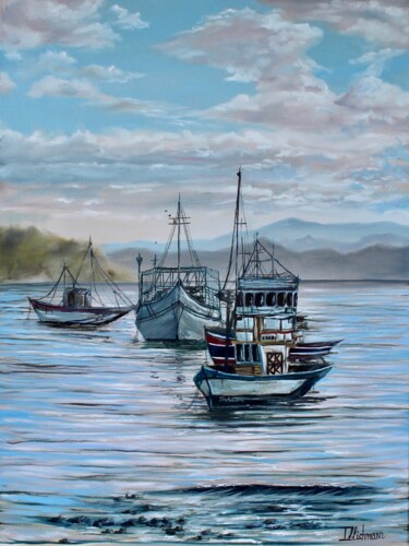 Schilderij getiteld "Old boats" door Liza Illichmann, Origineel Kunstwerk, Olie Gemonteerd op Frame voor houten brancard