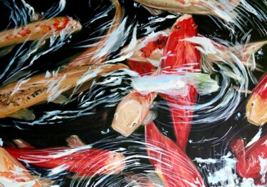 Schilderij getiteld "Koi" door Liza Illichmann, Origineel Kunstwerk, Olie Gemonteerd op Frame voor houten brancard