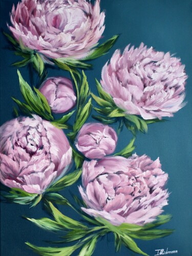 Painting titled "Peonies" by Liza Illichmann, Original Artwork, Oil Mounted on Wood Stretcher frame