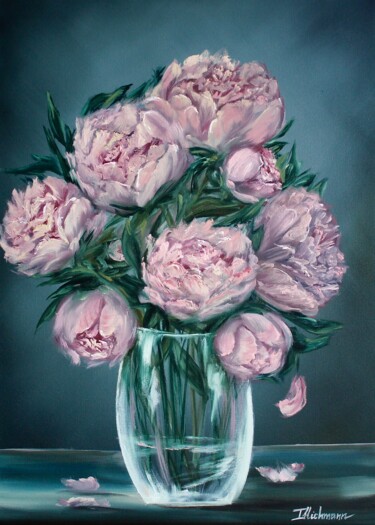 Painting titled "Bouquet of peonies" by Liza Illichmann, Original Artwork, Oil Mounted on Wood Stretcher frame
