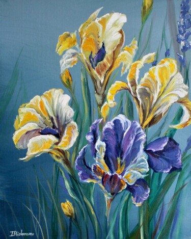 Painting titled "The Iris Garden" by Liza Illichmann, Original Artwork, Oil Mounted on Wood Panel