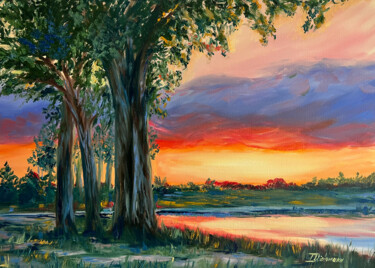 Painting titled "Sunset Over the Lake" by Liza Illichmann, Original Artwork, Oil Mounted on Wood Stretcher frame