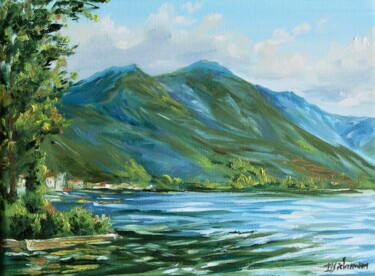 Painting titled "Lake Como" by Liza Illichmann, Original Artwork, Oil Mounted on Wood Stretcher frame