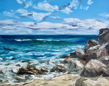Painting titled "Rocks by the Sea" by Liza Illichmann, Original Artwork, Oil Mounted on Cardboard
