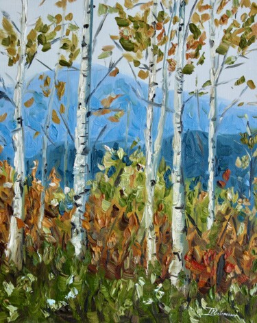Ζωγραφική με τίτλο "Birch Trees" από Liza Illichmann, Αυθεντικά έργα τέχνης, Λάδι Τοποθετήθηκε στο Χαρτόνι
