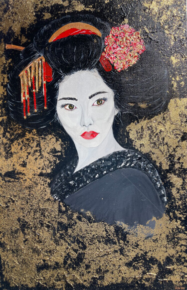 Painting titled "Geisha, girl from J…" by Liza Khaldzhidis, Original Artwork, Acrylic Mounted on Wood Stretcher frame