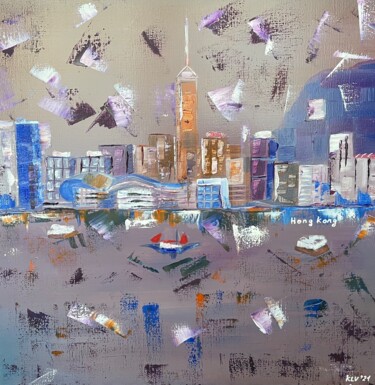 Painting titled "Hong Kong, abstract…" by Liza Khaldzhidis, Original Artwork, Oil Mounted on Wood Stretcher frame