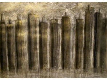 City at Dawn, abstract ( charcoal > acrylic painting ) Painting titled "City at Dawn, abstr…" by Liza Peninon, Original Art,