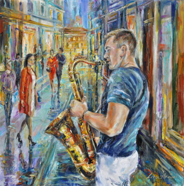 Painting titled "Street Music" by Liza Atzori, Original Artwork, Oil