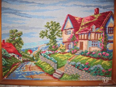 Картина под названием "деревенский домик,в…" - Ljubov Kovalevskaja, Подлинное произведение искусства, Масло