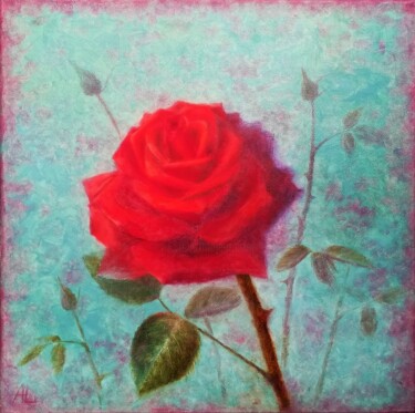 Painting titled "Rose" by Ljubov Ananina, Original Artwork, Oil Mounted on Wood Stretcher frame