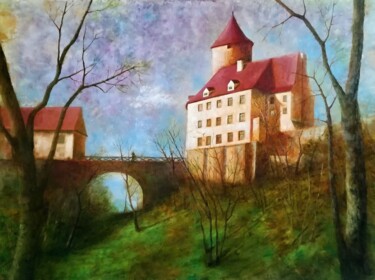 Картина под названием "Spring at the castle" - Ljubov Ananina, Подлинное произведение искусства, Масло Установлен на Деревян…