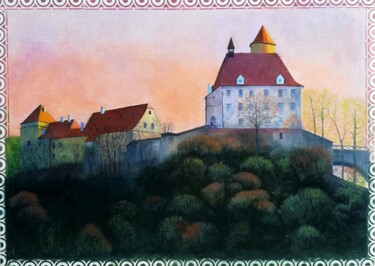 Painting titled "Veveří in the sunset" by Ljubov Ananina, Original Artwork, Oil Mounted on Wood Stretcher frame