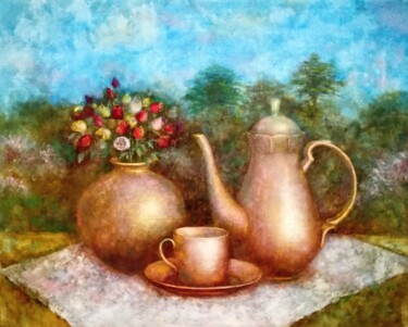 Painting titled "English tea" by Ljubov Ananina, Original Artwork, Oil Mounted on Wood Stretcher frame