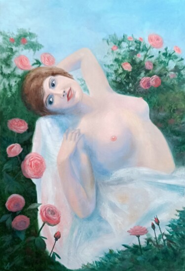 Painting titled "Among the roses" by Ljubov Ananina, Original Artwork, Oil Mounted on Wood Stretcher frame