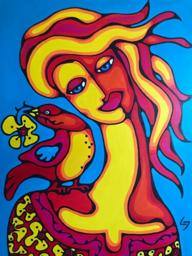 Peinture intitulée "Red bird. Flower of…" par Ljubow Jung, Œuvre d'art originale, Acrylique Monté sur Châssis en bois