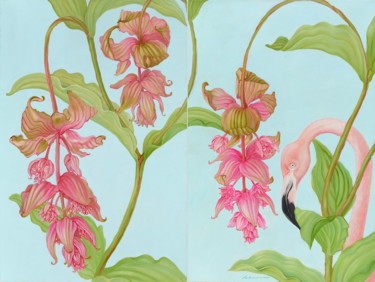 Peinture intitulée "Medinilla & Flamingo" par Natalie Levkovska, Œuvre d'art originale, Huile Monté sur Châssis en bois