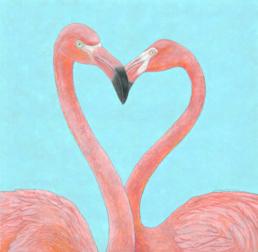 Drawing titled "Flamingo kiss" by Natalie Levkovska, Original Art, Gouache
